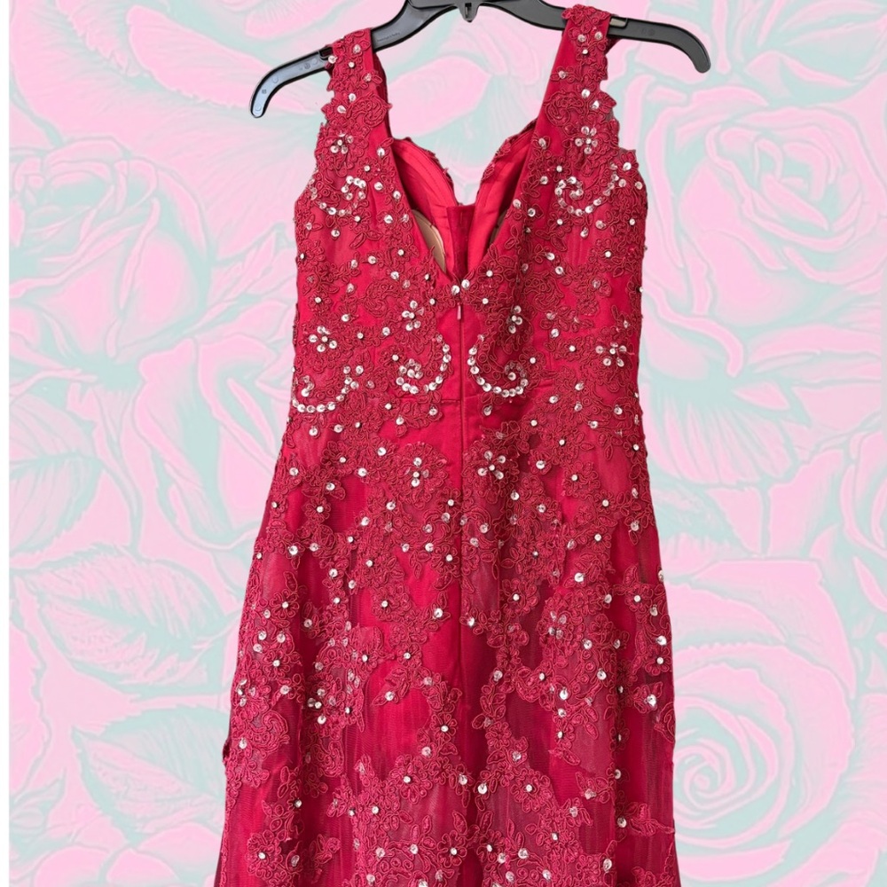 Red Lace Rhinestone High-Low Prom Formal Evening Dress Size 4 - Picture 3 of 6